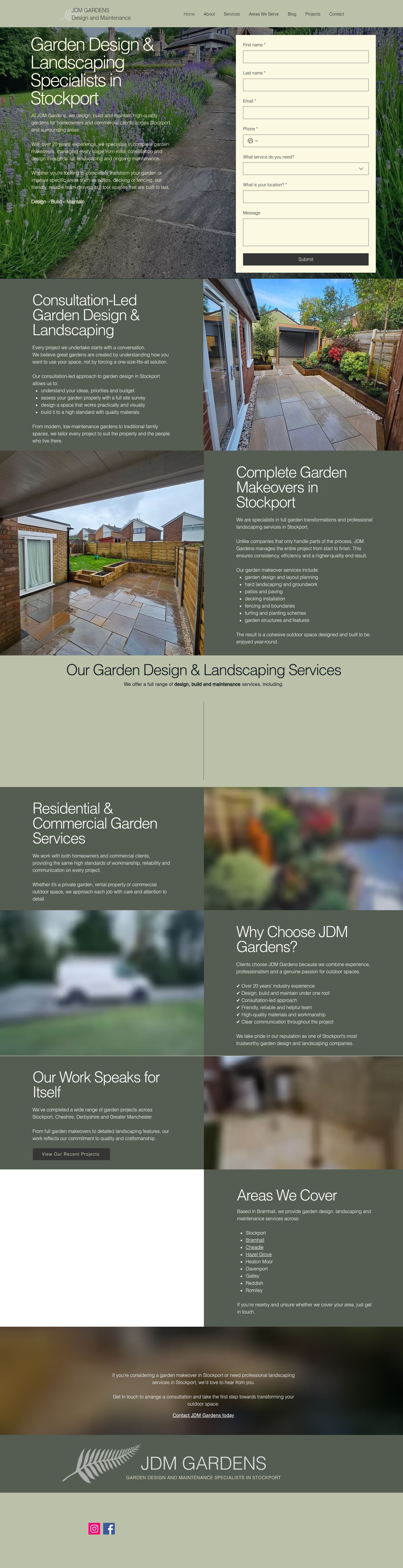 JDM Gardens redesigned homepage with a Stockport service headline, enquiry form and detailed sections