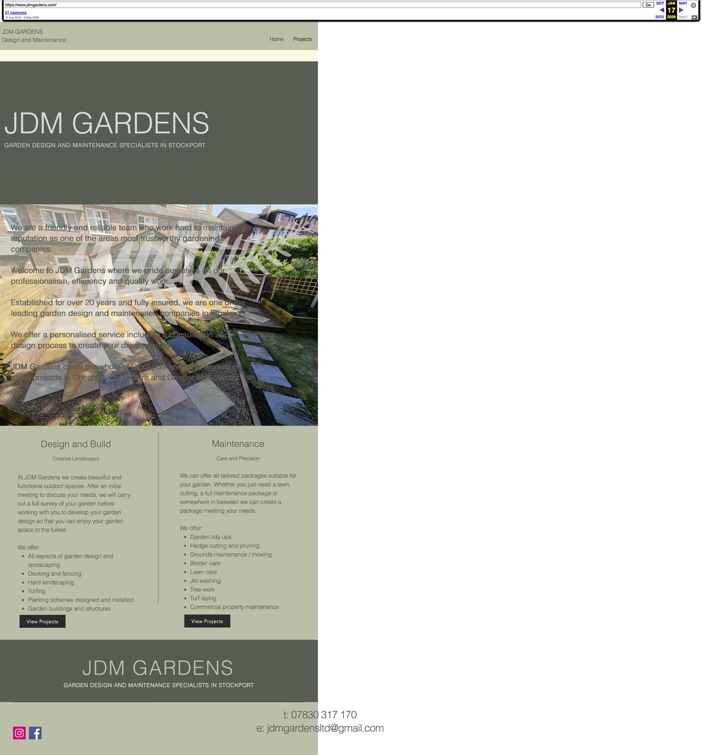 JDM Gardens old homepage screenshot with a brief introduction and services